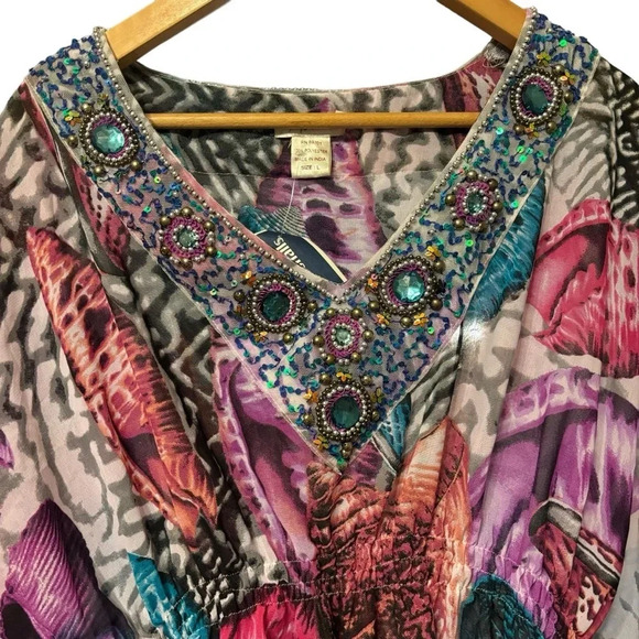 Lucky and Coco Printed Beaded Sparkle Coverup Dress Elastic Waist V Neck Size L - Picture 3 of 4